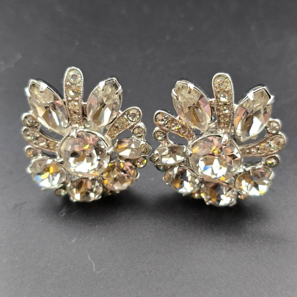 Eisenberg Vintage Rhinestone Clip-On Earrings  Floral Silver-Tone Statement READ